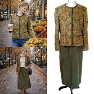 Vintage Henry Lee 2 Piece Cottagecore Academia Olive Jacket Maxi Skirt Set 12